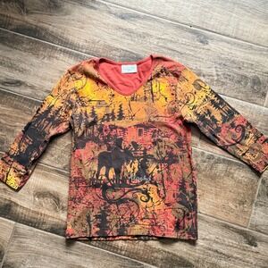 Cactus Bay Y2K Embellished Rustic Alaska Moose 3/4 Sleeve Top, Orange , S(NWOT)
